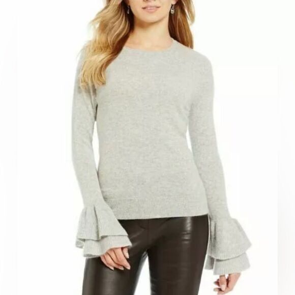 ANTONIO MELANI 100% Cashmere Gray Crew Neck Sweater with Ruffle Cuffs - Picture 1 of 7